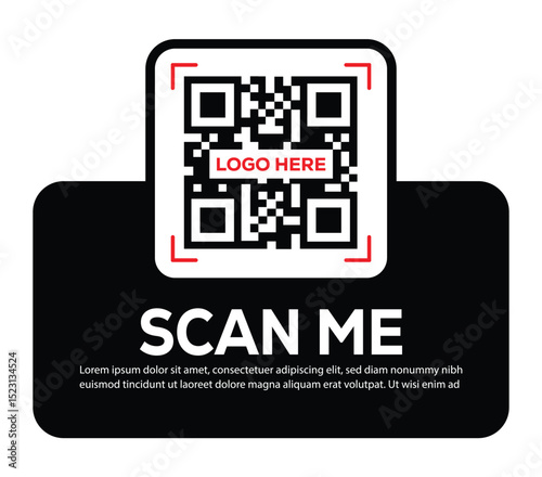 Minimalist white QR code centered on black rounded rectangle. Features bold "SCAN ME" invitation and placeholder text below. Clean, functional digital prompt designed to encourage scanning.