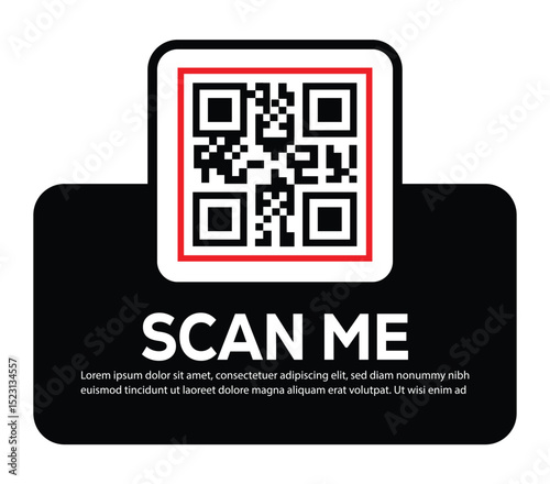 Minimalist white QR code centered on black rounded rectangle. Features bold "SCAN ME" invitation and placeholder text below. Clean, functional digital prompt designed to encourage scanning.