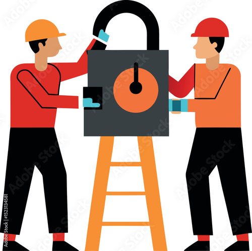 Two Workers Performing a Lockout Tagout Safety Procedure
