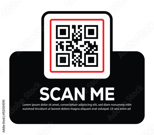 Minimalist white QR code centered on black rounded rectangle. Features bold "SCAN ME" invitation and placeholder text below. Clean, functional digital prompt designed to encourage scanning.
