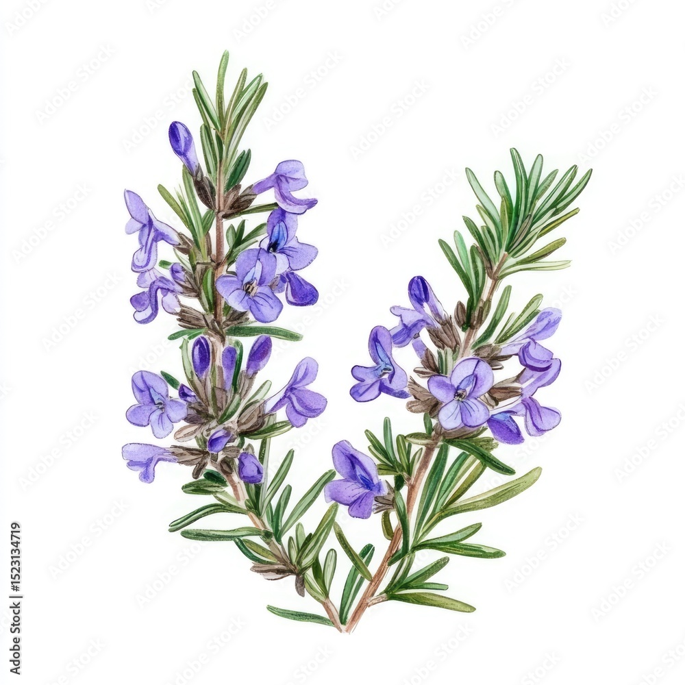 Fototapeta premium Beautiful sprigs of rosemary officinalis with delicate purple flowers isolated on a white background