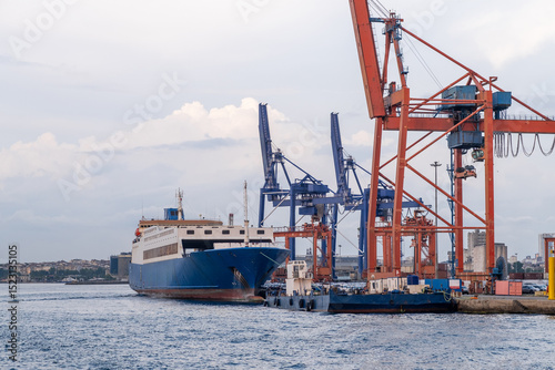 Bosphorus harbor with cargo ship and cranes during cloudy weather at dusk