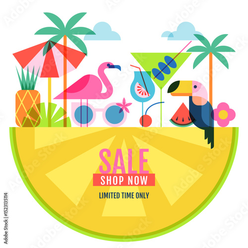 Summer sale banner, discount coupon, poster, voucher design. Vector illustration of tropical landscape on piece of lemon