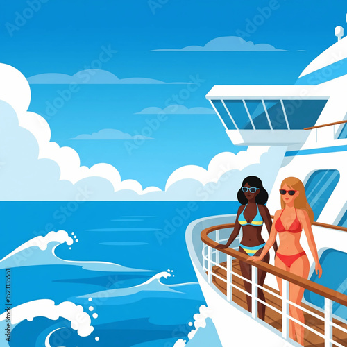 Summer Cruise Vacation Vector: Women in Bikinis Enjoy Ocean View.Flat illustration vector