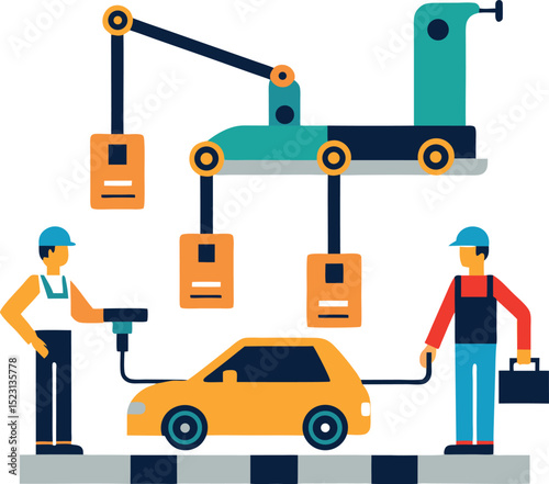 Electric Vehicle Assembly Line With Robotic Arms At Work