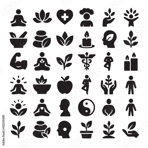 Wellness and Holistic Health Icons: Yoga, Meditation, Nature, and more