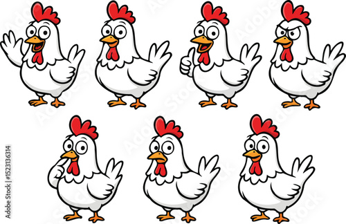 vector illustration of white coloured chicken hen funny cartoon mascot character cartoon with 8 poses