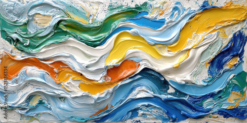 Impasto Paint Application with Green, Yellow, Orange, and Blue Colored Oil on Canvas