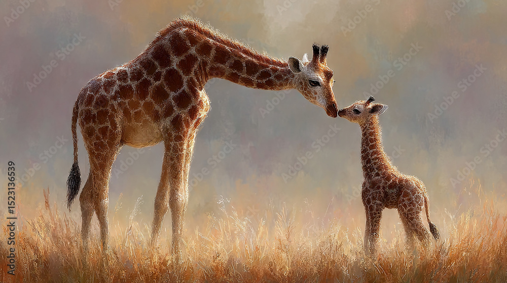 Obraz premium Mother Giraffe & Baby in Tall Grass Field