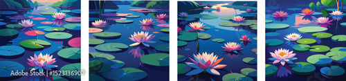 Water lily flower in pond design set vector illustration