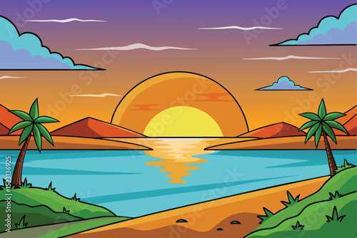 Serene Sunset Landscape Vibrant Colors and Tropical Paradise Beach Scene