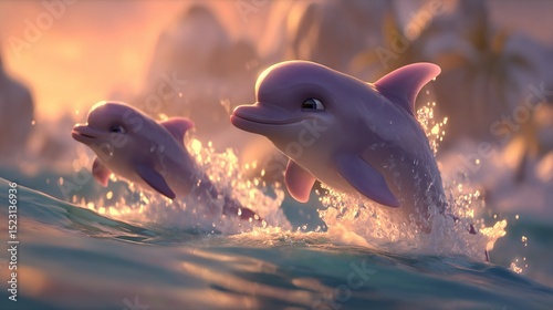   Two dolphins leaping from the sea under a golden sky and beside a palm tree