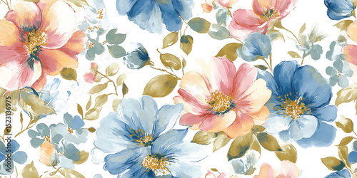 Elegant Blue Floral Seamless Pattern. Luxurious Watercolor Botanical Bloom Design for trendy design, textile, packaging, fabric, wallpaper, branding, stationery, wrapping paper interior decor