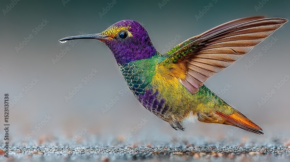 Fototapeta premium A multicolored hummingbird swiftly flaps its wings against a cold and frigid backdrop