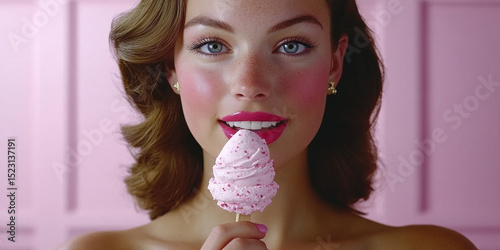 Young Woman with Freckles Enjoys Pink Ice Cream on Stick