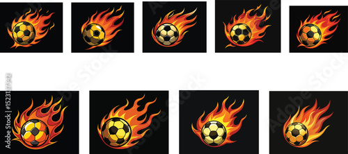 soccer ball, football with flames mascot logo set vector illustration