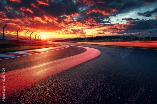 Speedway Sunset. Dramatic Sky and Racing Adventure with Sports Car on Curved Asphalt Track