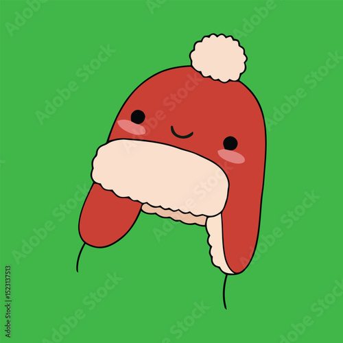Adorable cartoon character wearing a warm winter hat with fluffy earflaps on green background