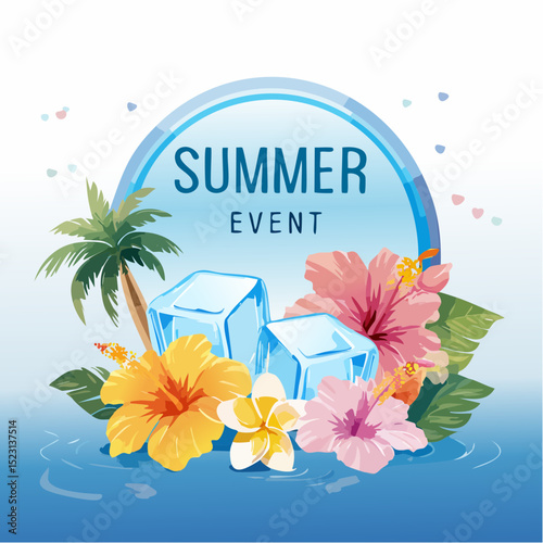 Summer event illustration featuring vibrant tropical flowers, ice cubes, and palm leaves, creating a lively atmosphere for seasonal celebrations and gatherings