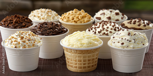 Variety of Flavored Ice Cream Cups and a Waffle Cone Cup on a Brown Surface