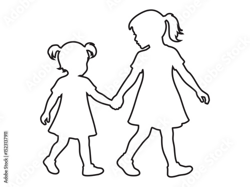 Black outline of two girls holding hands while walking, isolated on white background, illustration. concept of friendship, siblings, family, childhood, bonding, walking children, best friends
