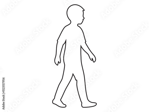 Black outline icon of walking school age child isolated on white background. Concept of boy, elementary student, active childhood, kid mobility, male figure, icon, logo, design element