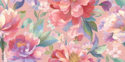 Romantic Pastel Peony Floral Seamless Pattern. Soft Painterly Botanical Bloom Design for trendy design, textile, packaging, fabric, wallpaper, branding, stationery, wrapping paper interior decor