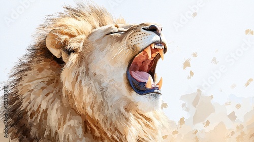 a lion yawning peacefully with pastel watercolor tones, dusty savanna setting, stylized sky background with depth, minimal clutter, realistic anatomy