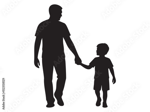 Black silhouette of a man walking with child boy holding hands, isolated on white background, graphic illustration. concept of father and son, family, bond, companionship, design element