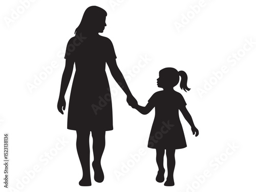 Black silhouette of woman walking holding hand of child girl, isolated on white background, graphic illustration. concept of family, mother and daughter bond, parenting, design element