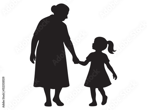Black silhouette of elderly woman walking hand in hand with child girl, isolated on white background, graphic illustration. concept of family, bond, grandmother and granddaughter, care, aging
