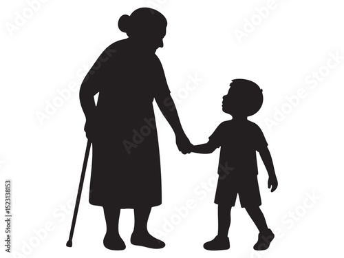 Black silhouette of an elderly woman walking with child boy, holding hands, isolated on white background, graphic illustration. concept of family, care, love, grandmother and grandson, icon
