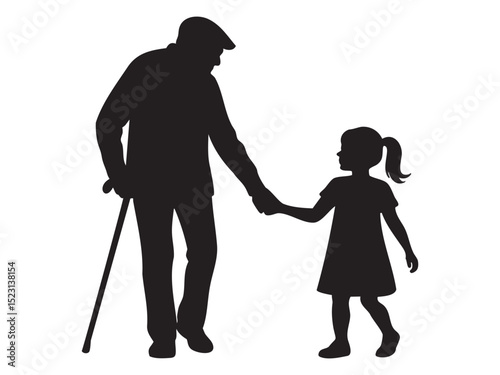 Black Silhouette of elderly man walking with child girl holding hands, isolated on white background. concept of family bond, generational connection, care, love, grandfather and granddaughter