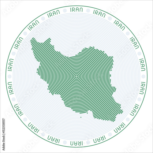 Iran round logo design. Country shape build of rings. Iran text around the country. Vector Illustration.