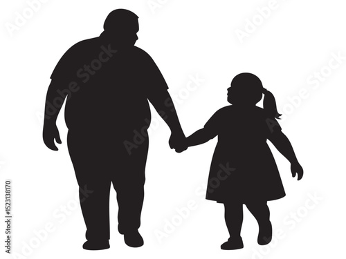 Black silhouette of an overweight man walking hand in hand with child girl, isolated on white background, illustration. concept of family, fatherhood, bonding, father and daughter, togetherness