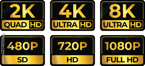 Resolution Icons Set – 8K, 4K Ultra HD, 2K Quad HD, 1080p, 720p, 480p SD Logos – Flat Vector on White Background