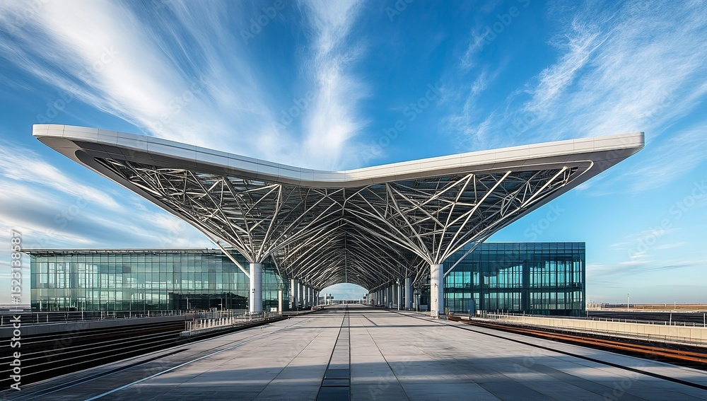 Naklejka premium Panoramic Steel Frame Structure Inside Airport with Glass Roof and Blue Sky