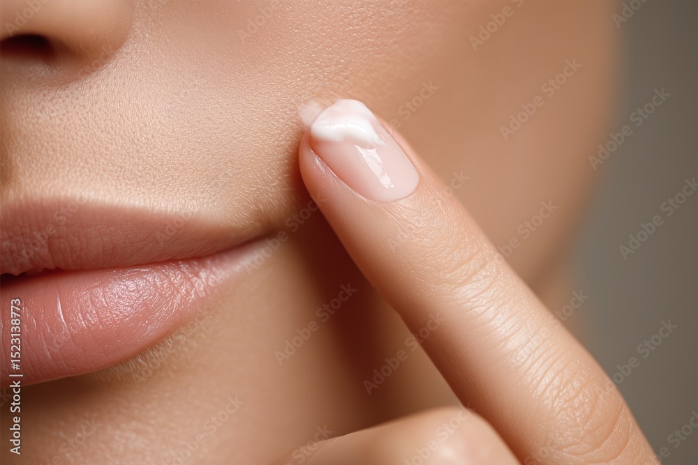 Fototapeta premium Close up of a woman applying face cream to her cheek. Skincare routine and beauty treatment for healthy, hydrated skin.