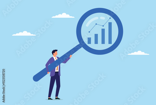 Vector illustration of a businessman holding a large magnifying glass and analyzing data, symbolizing meticulous attention to detail, in depth data examination, and pursuing insightful