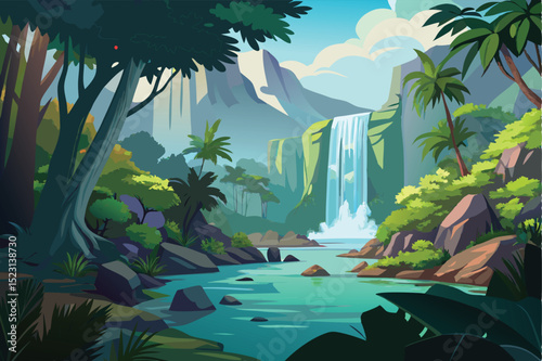 Lush Tropical Waterfall Landscape Serene Jungle Paradise Illustration