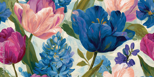Vibrant Painterly Tulip Floral Seamless Pattern. Bold Brushstroke Bloom Design for trendy design, textile, packaging, fabric, wallpaper, branding, stationery, wrapping paper interior decor