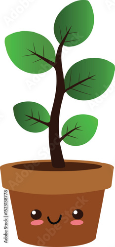 Cute cartoon houseplant in a brown pot with happy face illustration design.