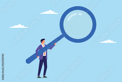 Vector illustration of a businessman holding a large magnifying glass, symbolizing focused observation, deep analysis, and the pursuit of clarity and insight in the business world
