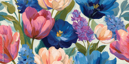 Vibrant Painterly Tulip Floral Seamless Pattern. Bold Brushstroke Bloom Design for trendy design, textile, packaging, fabric, wallpaper, branding, stationery, wrapping paper interior decor