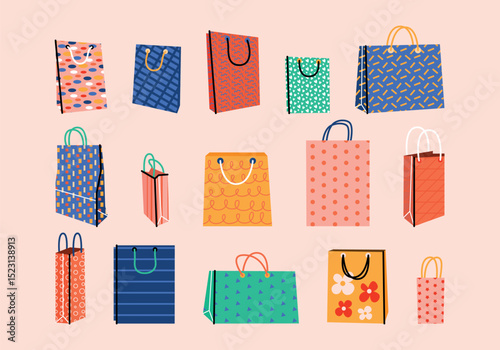 Cute set of various craft paper shopping or gift bags. Presents package, colorful packing in 3d forms for purchases in retro cartoon style. Hand drawn vector flat illustration. Shopping, sale, fashion