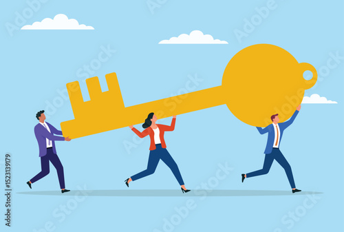 Vector illustration of a group of business people collectively carrying a large key as a symbol of teamwork, strategic collaboration, and joint efforts to uncover new opportunities