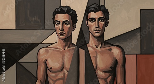 Two Male Figures in Geometric Painting, Portrait, Abstract Art.