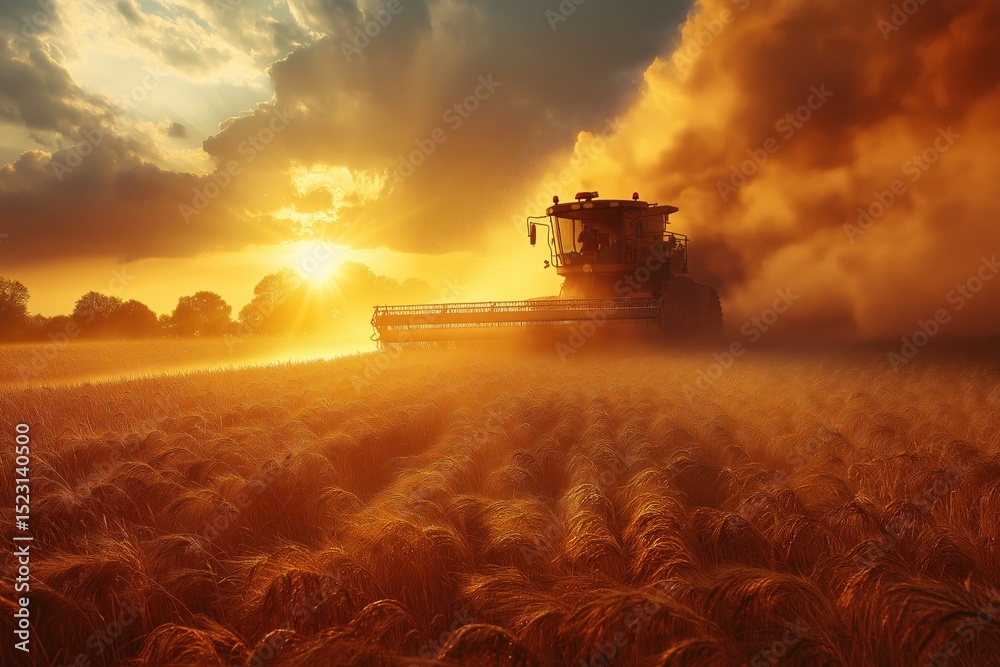 Fototapeta premium Golden Sunset Over Wheat Field. Vibrant Agricultural Machinery in Action During Harvest Time