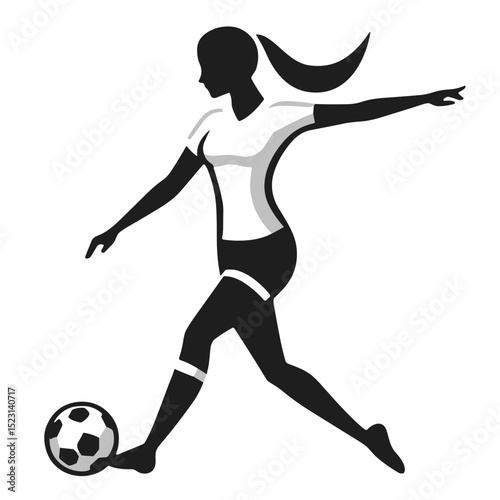 Stylish black silhouette of female soccer player kicking ball vector illustration on transparent background representing power, focus, and grace in women’s football