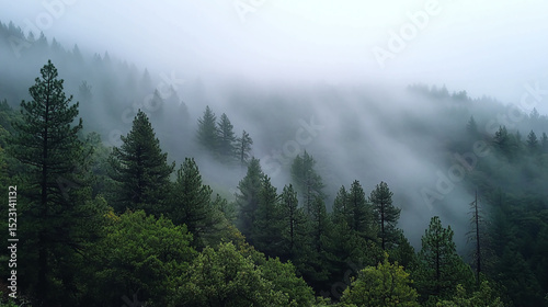 Misty mountain forest landscape with fog and trees nature background scenic view wallpaper stock photo